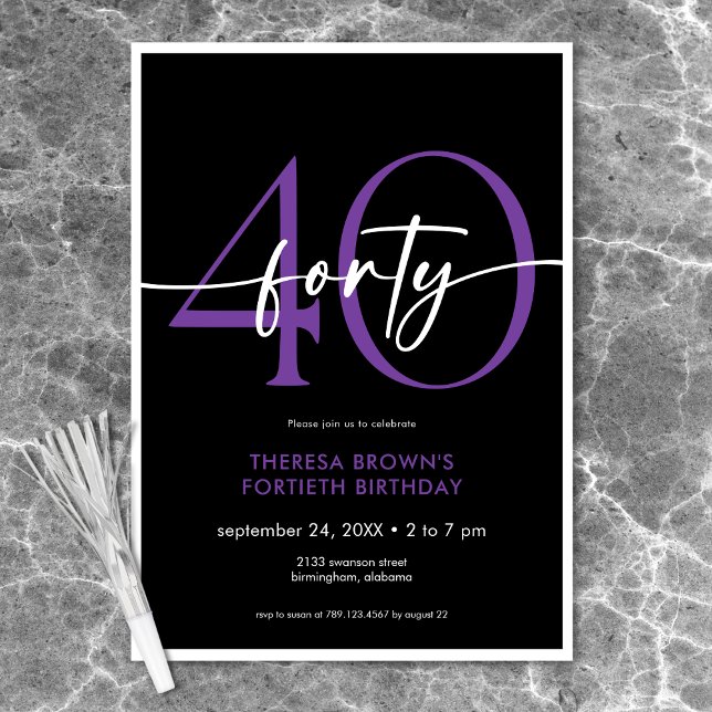 Convites Ontem, 40 Script Mínimo Roxo Moderno (Modern Minimal Purple Forty Script Birthday Invitation)