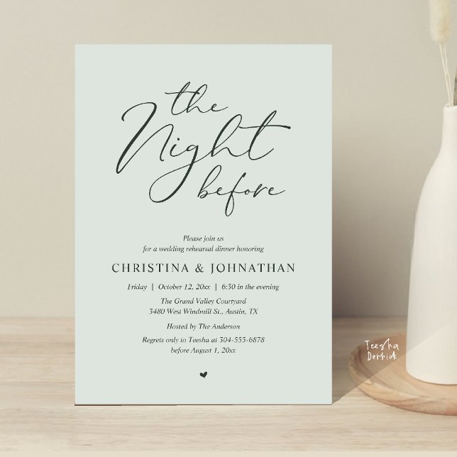 Convites “Ontem à Noite” Jantar de Ensaios Dusty Rose (“The Night Before” Elegant Script Romantic Rehearsal Dinner Invitation Card Sage Garden)