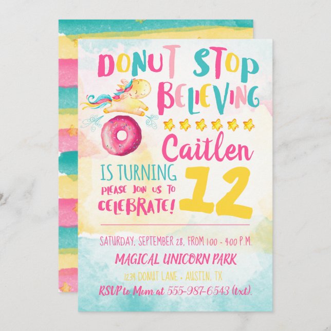 Convites Ontem do arco-íris com Rosquinha Unicórica (Frente/Verso)