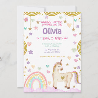 Convites Ontem do Unicorn Rainbow Pink Dourado Sparkles