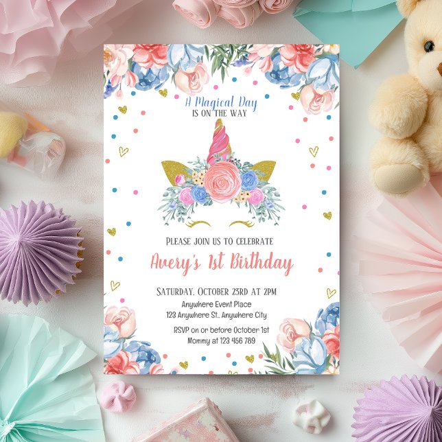 Convites Ontem Floral Rosa-Rosa-Arco-Íris Magnético (Magical Unicorn Rainbow Pink Floral Birthday Invitation)