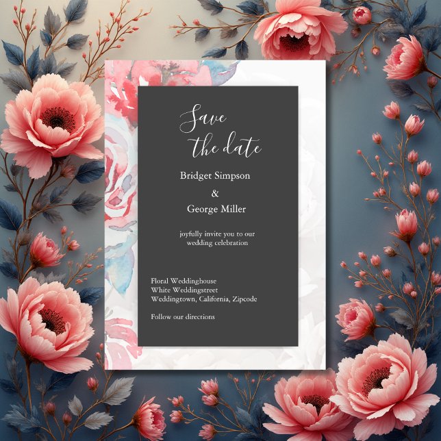 Convites onyx rosa floral seguro da data (Criador carregado)