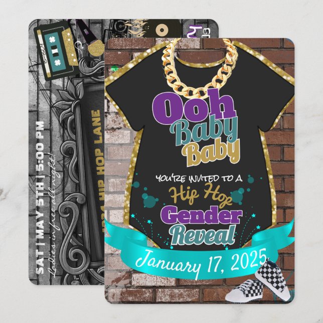 Convites Ooh Baby Baby|Purple & Teal Hip Hop Gender Revenda (Frente/Verso)