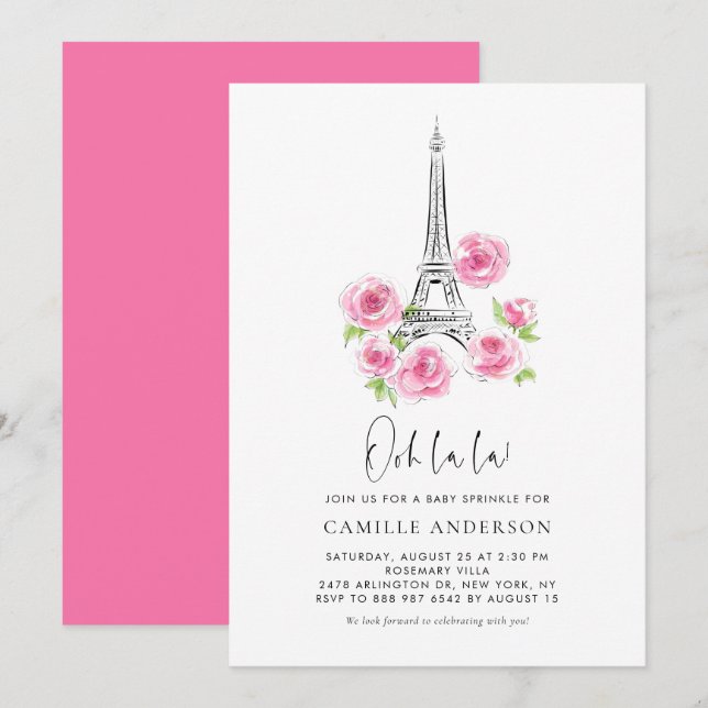 Convites Ooh la Eiffel Tower Rosa Rosa Bebê Floral Sprinkle (Frente/Verso)