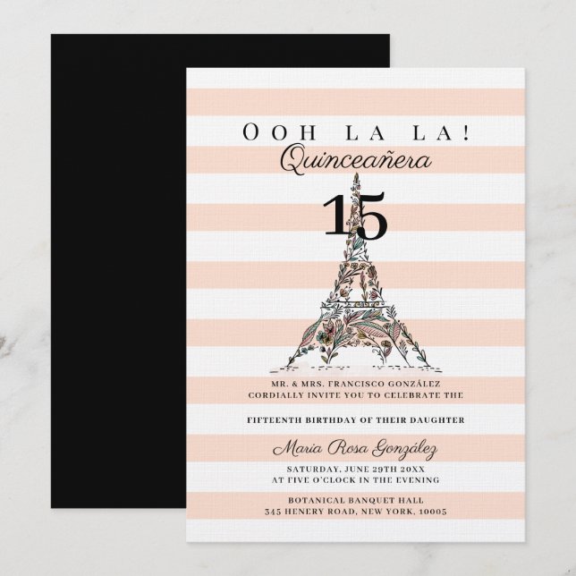 Convites Ooh La Floral Eiffel Tower Paris Quinceañera (Frente/Verso)