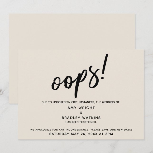 Convites "Oops" Humorosos de Casamento Adiado! Creme Card (Frente/Verso)