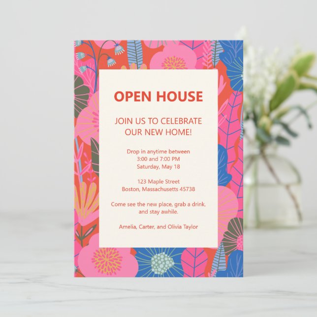 Convites Open House Tropical Floral Pink Red Housewarming (Em pé/Frente)