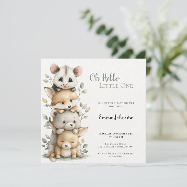 Convites Opossum Woodland Baby Shower Invitation (Em pé/Frente)