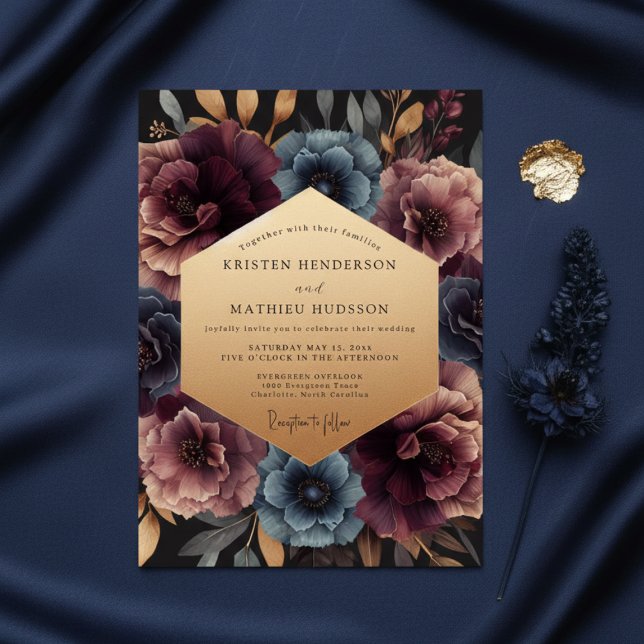 Convites Opulência Floral Ameixa Profunda Casamento (Criador carregado)