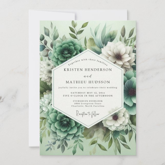 Convites Opulência Floral em Verde Menta Casamento (Frente)