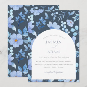 Convites Opulência Floral Monograma Elegante em Azul Ardósi