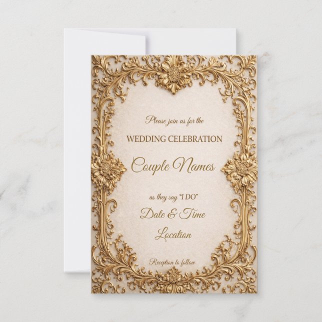 Convites Opulent Gold Scrollwork Wedding Invitations (Frente)
