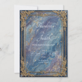 Convites Opulento Barroco Dourado Celestial Mármore Azul Ca