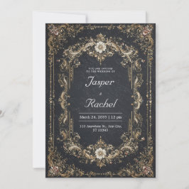 Convites Opulento Barroco Preto Dourado Floral Branco Casam