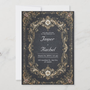 Convites Opulento Barroco Preto Dourado Floral Branco Casam