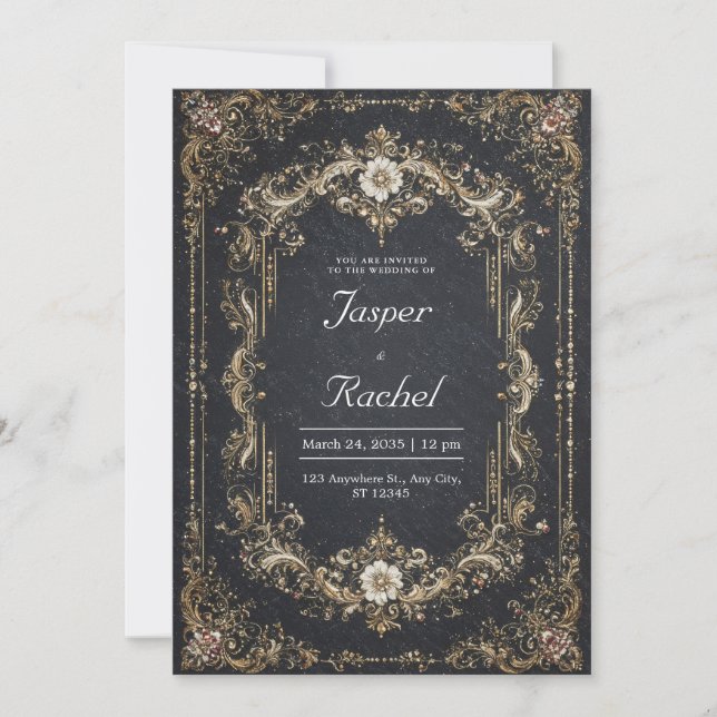 Convites Opulento Barroco Preto Dourado Floral Branco Casam (Frente)