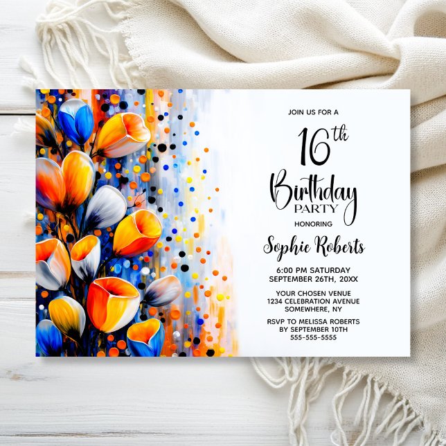 Convites Orange and Blue Floral 16th Birthday Party (Criador carregado)