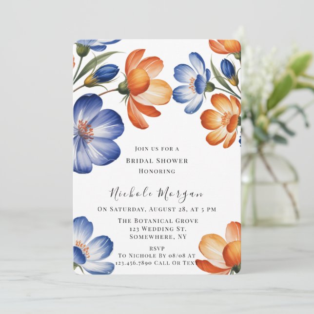 Convites Orange and Cobalt Blue Floral Bridal Shower (Em pé/Frente)