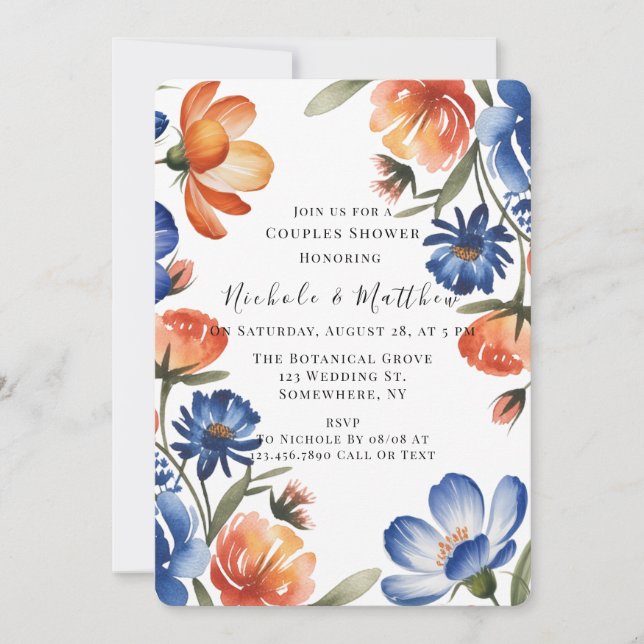 Convites Orange and Cobalt Blue Floral Couples Shower (Frente)