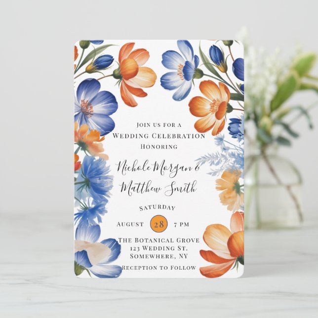 Convites Orange and Cobalt Blue Floral Wedding Celebration (Em pé/Frente)