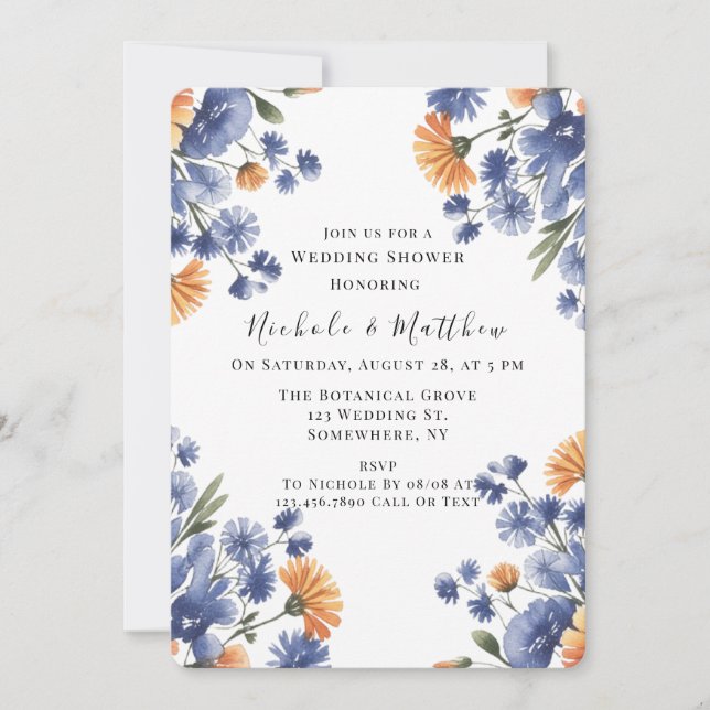 Convites Orange and Cobalt Blue Floral Wedding Shower (Frente)