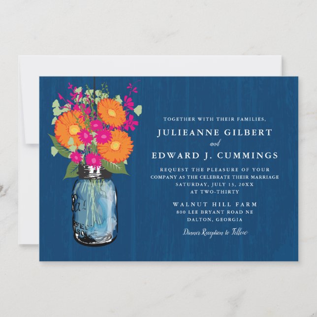 Convites Orange and Pink Gerber Daisies Mason Jar (Frente)