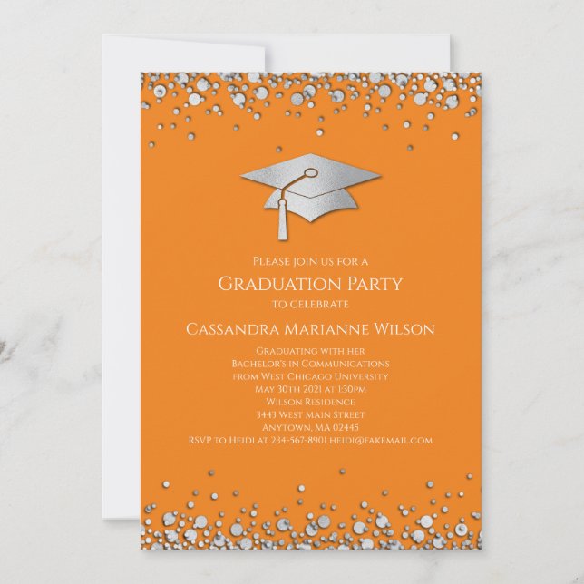 Convites Orange and Silver Graduation (Frente)