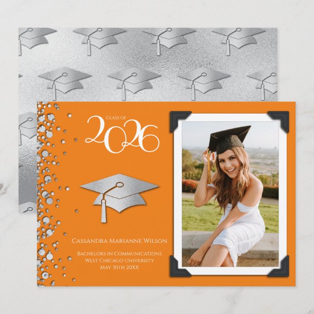Convites Orange and Silver Graduation Announcement Photo (Frente/Verso)