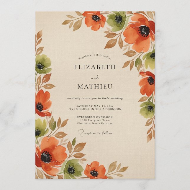 Convites Orange Autumn Floral Romance Wedding (Frente)
