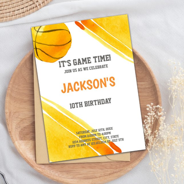 Convites Orange Ball Watercolor Basbol Invances (Orange Ball Watercolor Basketball Invitations)
