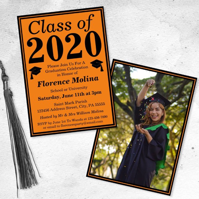 Convites Orange Black Class of 2024 Graduation Photo (Criador carregado)