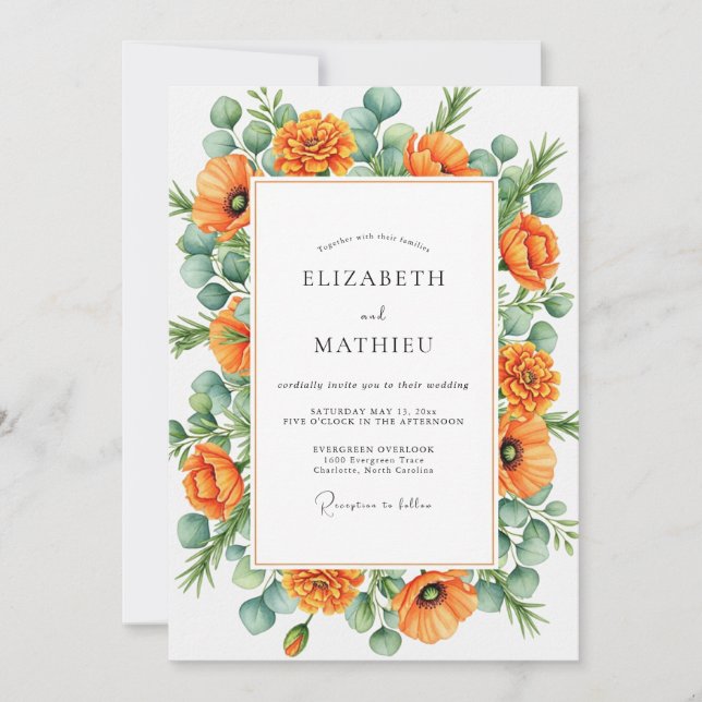 Convites Orange Blissful Botanical Wedding (Frente)