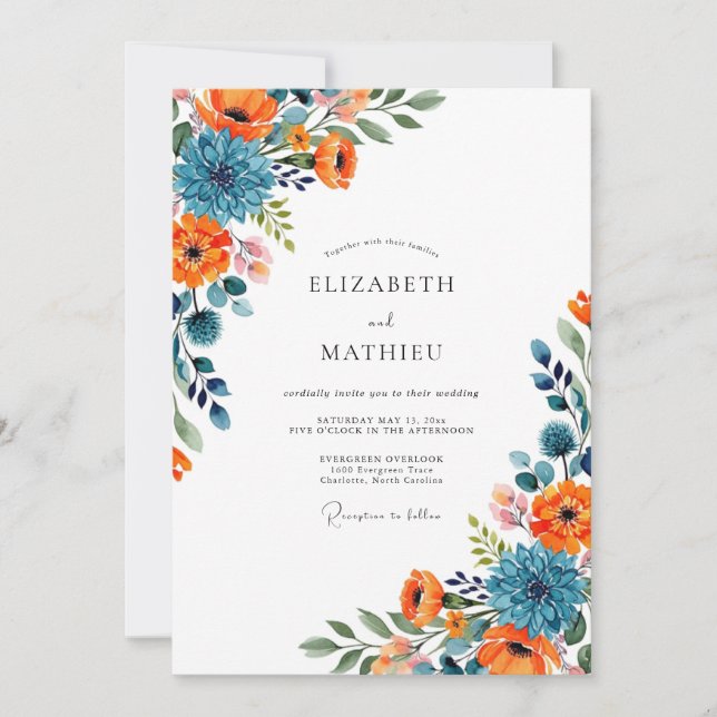 Convites Orange Blue Floral Flourish Wedding (Frente)