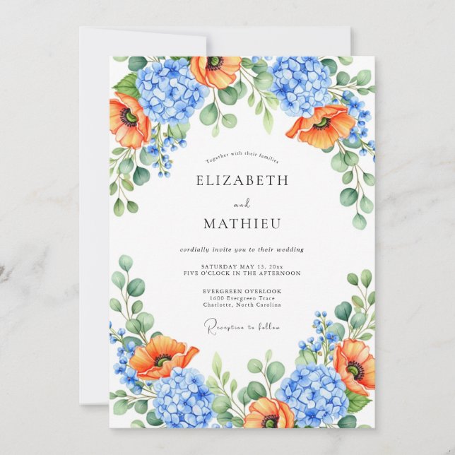 Convites Orange Blue Floral Spring Wedding (Frente)