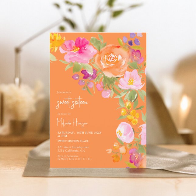 Convites Orange Bonito romântico verão floral doce 16 (Pink Pretty romantic summer floral sweet 16 Invitation on orange)