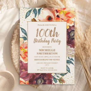 Convites Orange Burgundy Fall Floral Dourada Glitter 100th