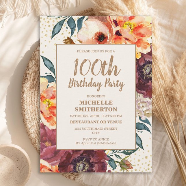 Convites Orange Burgundy Fall Floral Dourada Glitter 100th (Orange and burgundy watercolor floral 100th birthday party invitation)