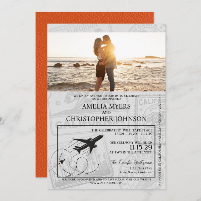 Convites Orange California Passport Wedding (Frente/Verso)