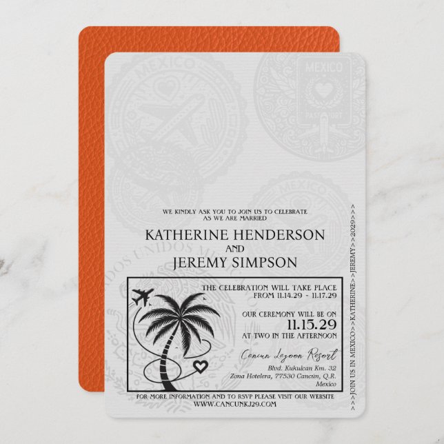 Convites Orange Cancun Passport Wedding (Frente/Verso)