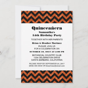 Convites Orange Chevron Glitter Quinceañera Party