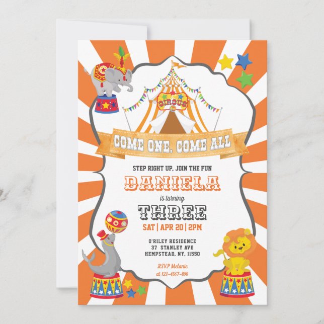 Convites Orange Circus Carnival Birthday (Frente)