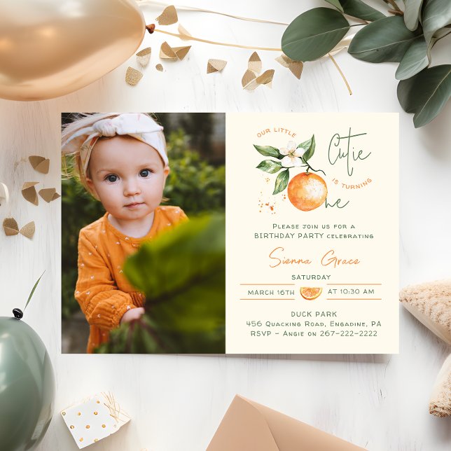 Convites Orange Citrus Little Cutie First Birthday Photo  (Criador carregado)