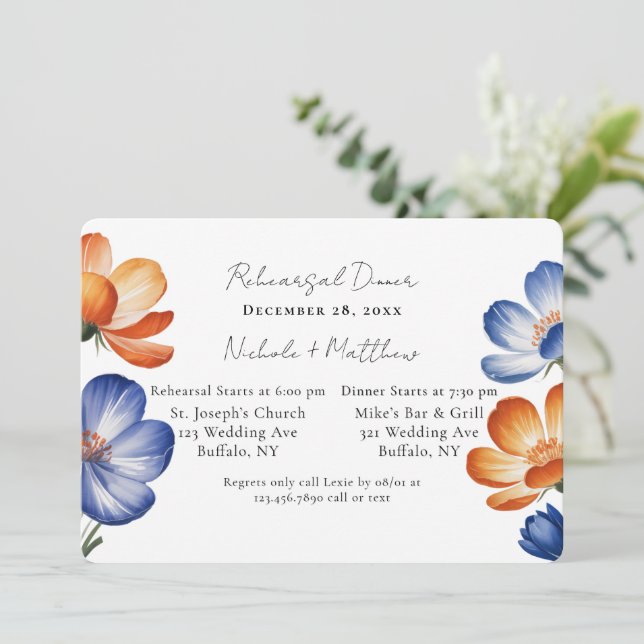 Convites Orange & Cobalt Blue Floral Rehearsal Dinner (Em pé/Frente)