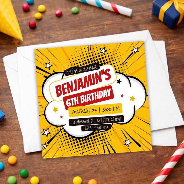 Convites Orange Comic Superhero Pop Art Kids 6th Birthday (Orange Comic Superhero Pop Art Kids 6th Birthday Invitation, Boy Birthday Invite)