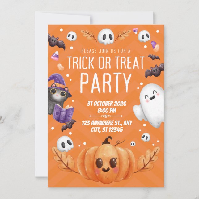 Convites Orange Cute Halloween Trick or Treat Party  (Frente)