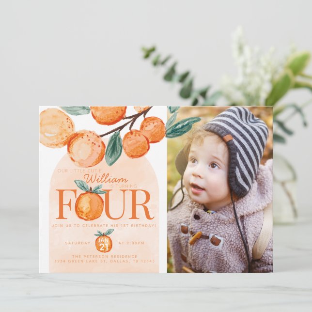 Convites Orange Cutie fazendo 4.º aniversário (Em pé/Frente)