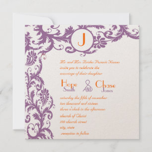 Convites Orange Damask Monogram Wedding Invitation
