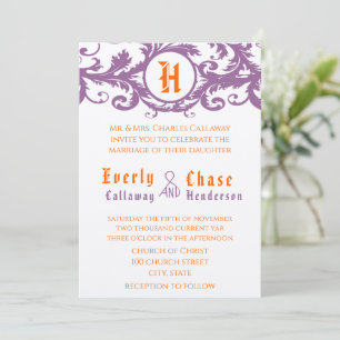 Convites Orange Damask Monogram Wedding Invitation