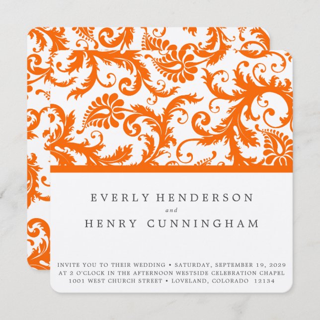 Convites Orange Damask Monograma Wedding (Frente/Verso)