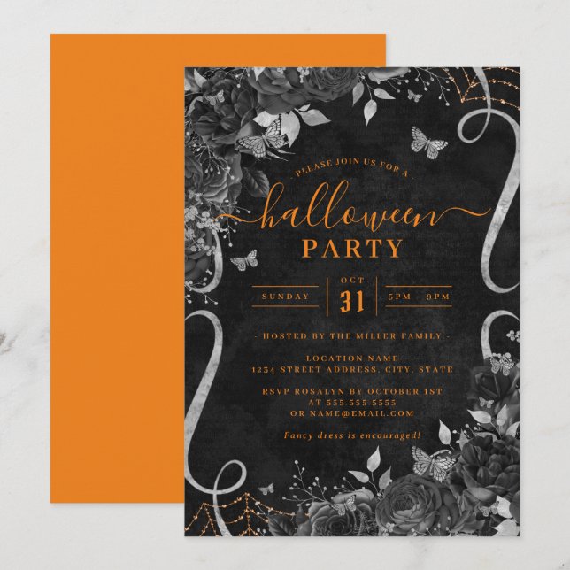 Convites Orange Dark Spooky Floral Scroll Festa de Hallowee (Frente/Verso)